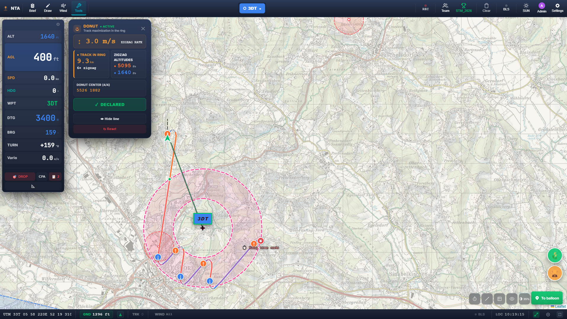 NTA Competition: Kartenansicht mit UTM-Grid, Donut-Tool, Sperrgebieten und Live-Instrumenten